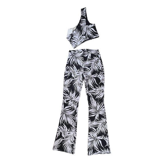 ZARA Matching Set High Waist Flare Pants and Top B&W Plam Print Jacquard Size M - Picture 4 of 13